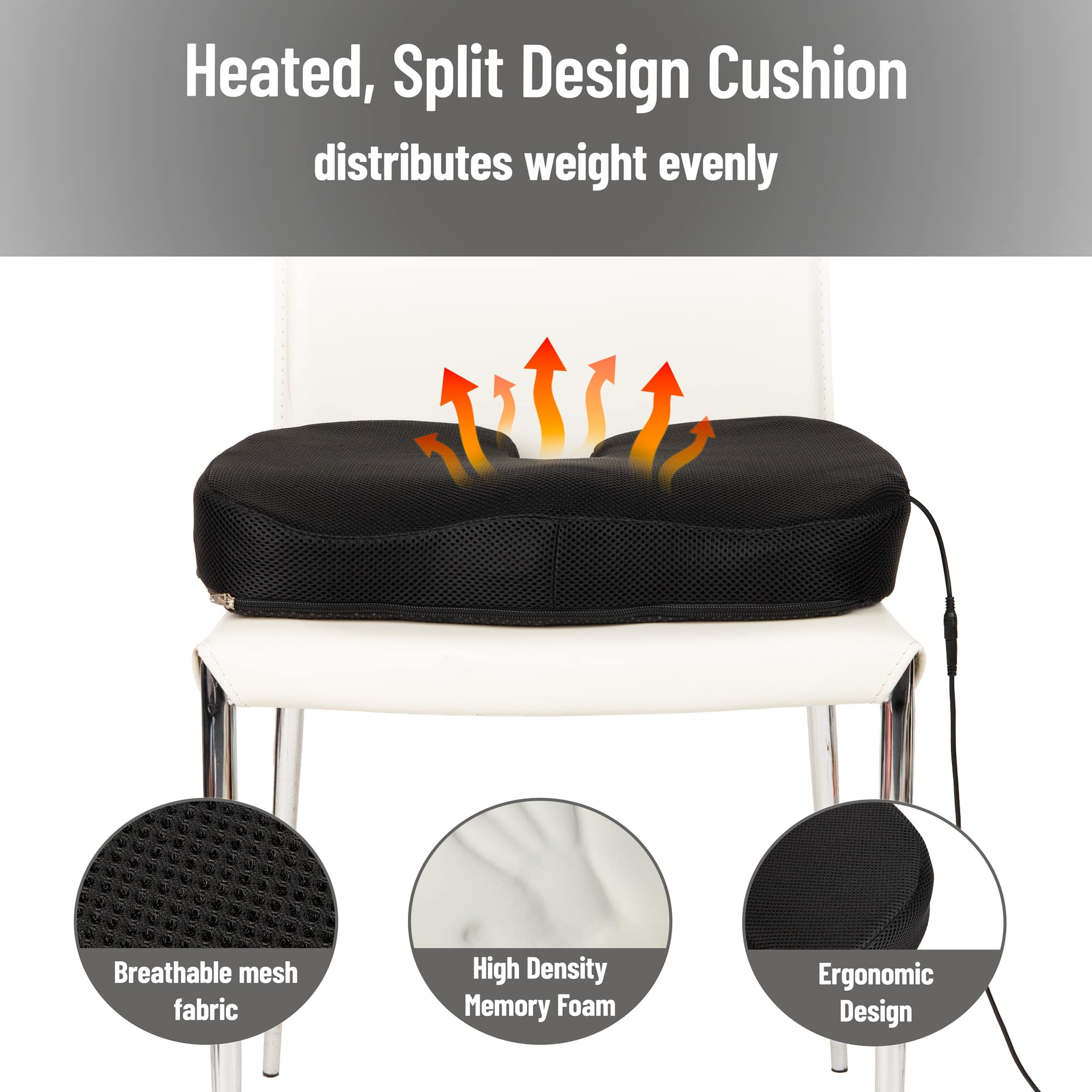 Mind Reader Heated Memory Foam Seat Cushion, Air-Cloud Technology, Coccyx & Hip Pain Relief with 4 Heat Settings, Timer & Auto Shut-Off, Black